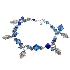 Pulsera Con Cristales Azules Y Dije Mano De Fátima