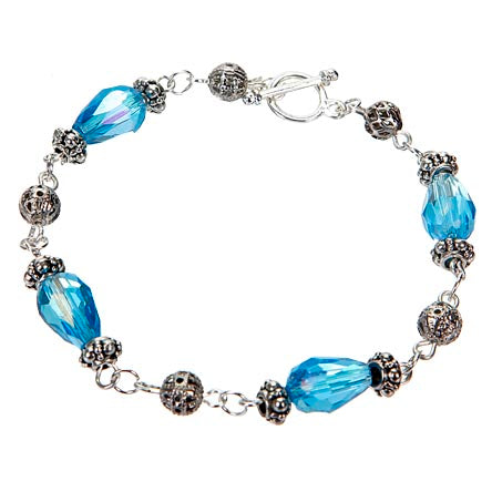 Pulsera Con Cristal Gota Azul Y Bola De Filigrana