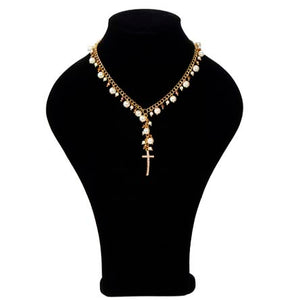 Collar De Cadena Con Perlas Y Cruz