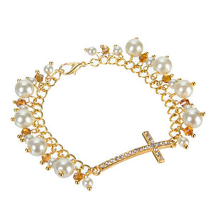 Pulsera De Cadena Con Perlas Y Cruz Oro