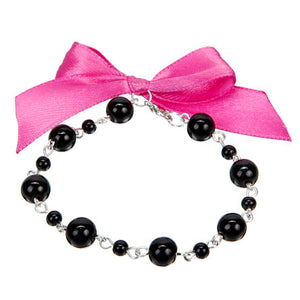 Pulsera De Perlas Negras Con Moño Rosa