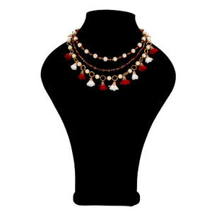 Collar Triple Rojo, Blanco Y Oro Con Rosas De Tela