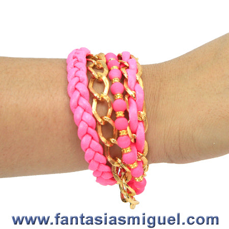 Juego De Pulseras Fiusha, Cordón Plano Y Cta. Caucho