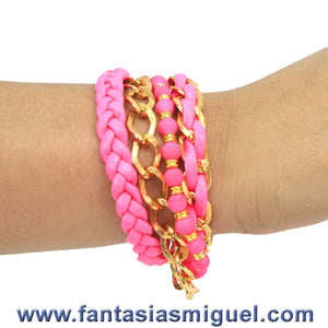 Juego De Pulseras Fiusha, Cordón Plano Y Cta. Caucho