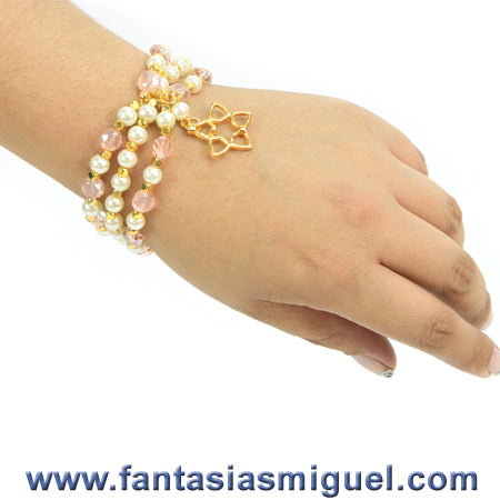 Pulsera Cta. Perla Base Cristal Blanco Marfil, Dije Con Estrella