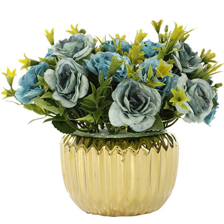 Maceta Oro Con Flores Azules