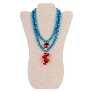 Collar Doble De Perlas Azules Con Rosas De Tela Rojas