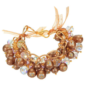 Pulsera Café De Perlas Y Cristales Con Cadena Y Listón