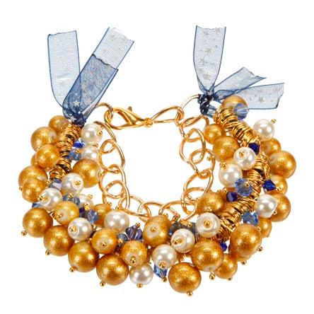 Pulsera De Cadena Con Listón, Perlas Y Cristales