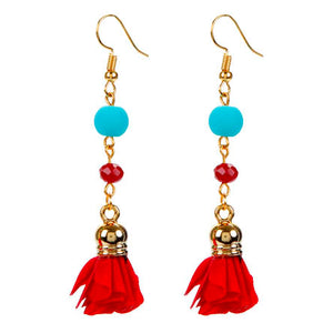 Aretes Rojo/Azul Con Rosas De Tela