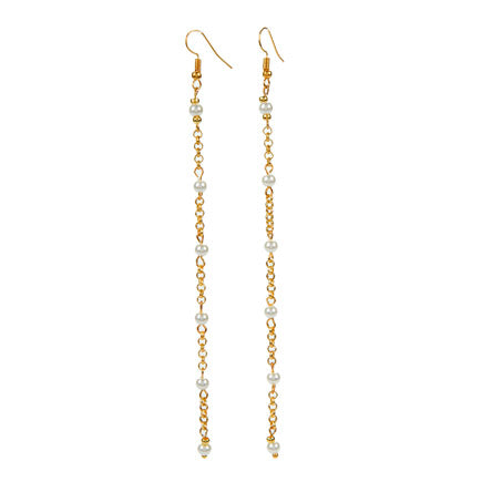 Aretes Largos De Cadena Oro Con Perlas Blancas