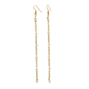 Aretes Largos De Cadena Oro Con Perlas Blancas