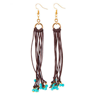 Aretes Largos Con Cordón Y Cuenta Azul