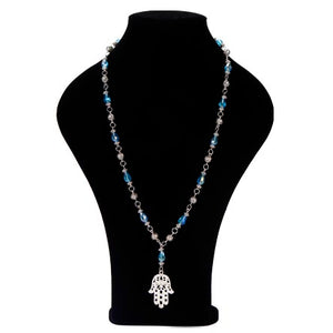 Collar De Cristal Gota Azul Con Dije Mano De Fátima