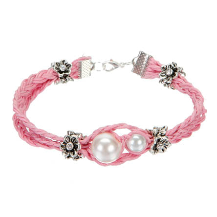 Pulsera Rosa Con Perlas Y Flores