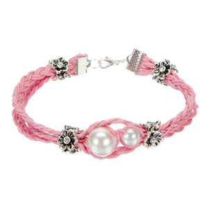 Pulsera Rosa Con Perlas Y Flores