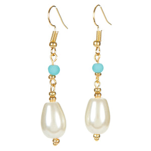 Aretes Con Gota Perla Marfil Y Cuenta Azul