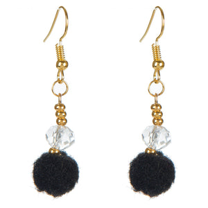 Aretes Con Rondel Cristal Y Pompom Negro