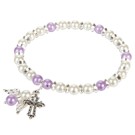 Pulsera De Perlas Con Angelito Y Cruz