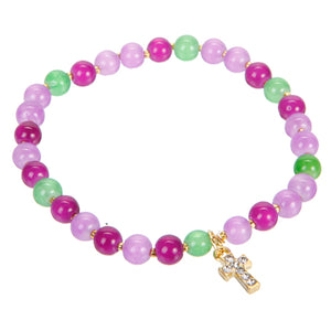 Pulsera De Cuentas Lila, Morada, Verde Con Cruz
