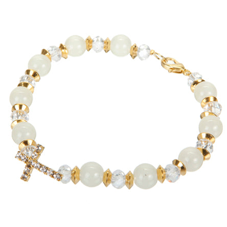 Pulsera Marfil/Oro Con Cruz De Cristales