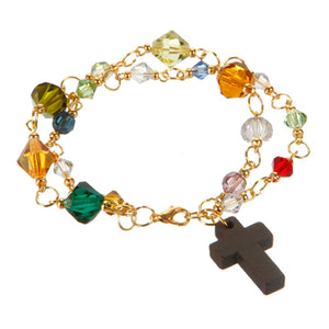 Pulsera Engarzada Con Cristal Y Cruz De Madera