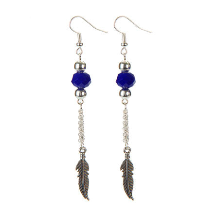 Aretes Largos Plata-Azul Con Dije De Plumas