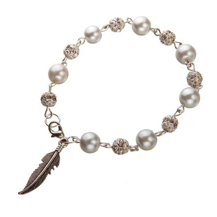 Pulsera Engarzada Plata Con Perlas Y Dije Pluma