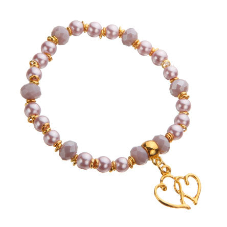 Pulsera Oro Con Rondeles Y Perlas Lavanda Y Dije Contorno Corazón