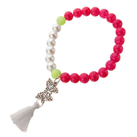 Pulsera Rojo-Plata Con Dije Mariposa Y Borla