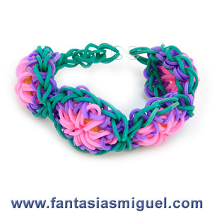 Pulsera  Con Flor Grande Agua Morado Turquesa Con Ligas