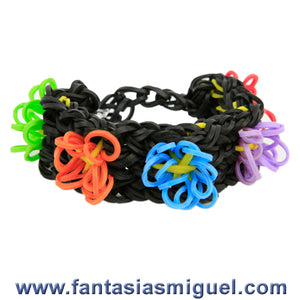 Pulsera Triple Flor 3d Negra Con Flores De Colores