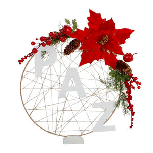 Letrero Paz Con Nochebuena Y Cordón De Yute Natural