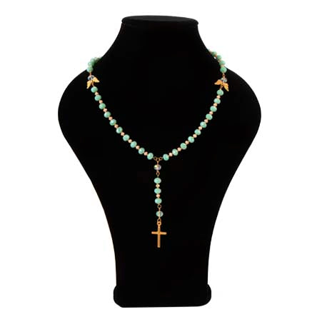 Collar De Rosario Menta-Oro Con Cruz Y Alas De Metal