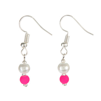 Fantasías Miguel Clave:CZ125 Aretes Con Perla Blanca Y Cuenta Caucho Rosa Neón