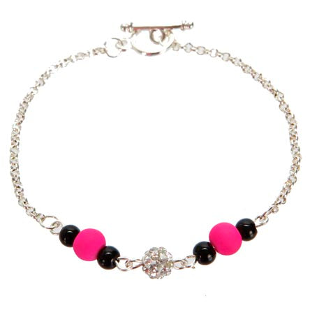 Pulsera De Cuenta Redonda Y Cuenta Caucho Negro/ Rosa Neón