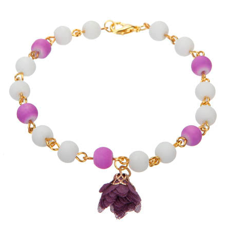 Pulsera De Engarces Blanco Y Lavanda Con Rosa De Tela