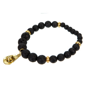 Pulsera Con Cuentas Lava Negras Y Dije Vaquero