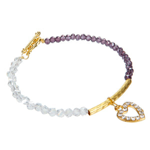 Pulsera De Cristales Blanco/Morado Con Dije De Corazón