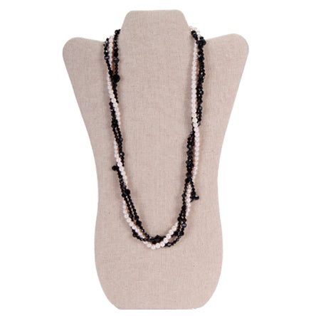 Collar Largo De Cristales Negros Y Perlas Rosas