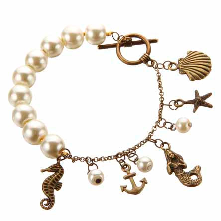Pulsera De Perlas Y Cadena Con Y Dijes Del Mar Oro Antiguo