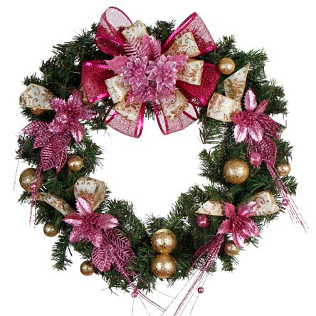 Corona De Pino Oro/Rosa Con Pick Navidad Nochebuena