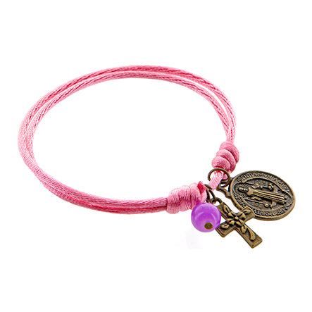 Pulsera Rosa Con Medallas Y Cruz Oro Antiguo