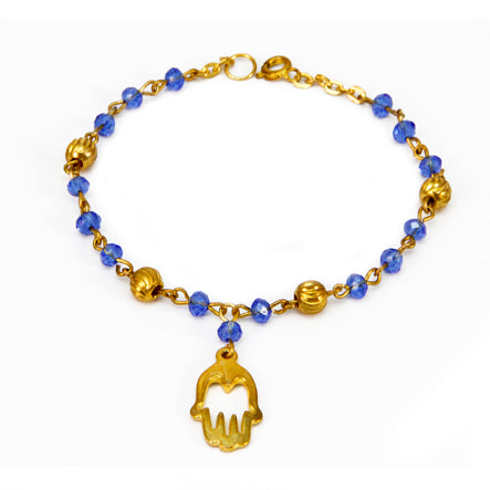 Pulsera Oro Con Cristales Zafiro Y Dije Mano De La Suerte