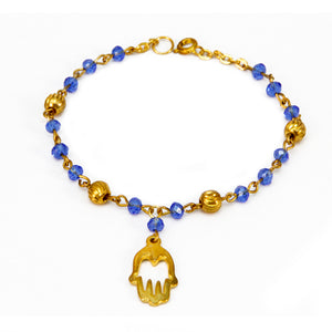Pulsera Oro Con Cristales Zafiro Y Dije Mano De La Suerte
