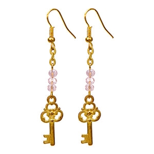 Aretes Oro Con Cristales Rosa Y Dije De Llave