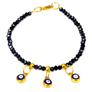 Pulsera De Cristales Negro Diamantado Con Dijes De Ojitos De La Suerte