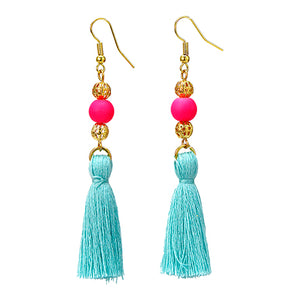 Aretes De  Oro Con Borla Y Cuentas Rosa