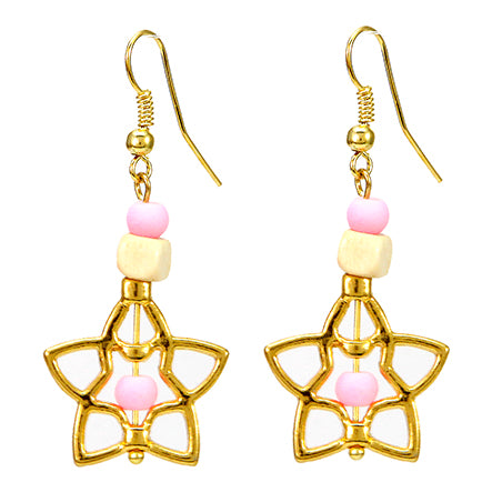 Aretes Estrella Oro Con Cuentas De Madera