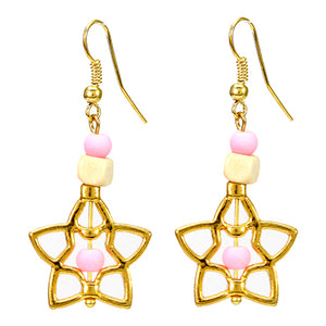 Aretes Estrella Oro Con Cuentas De Madera